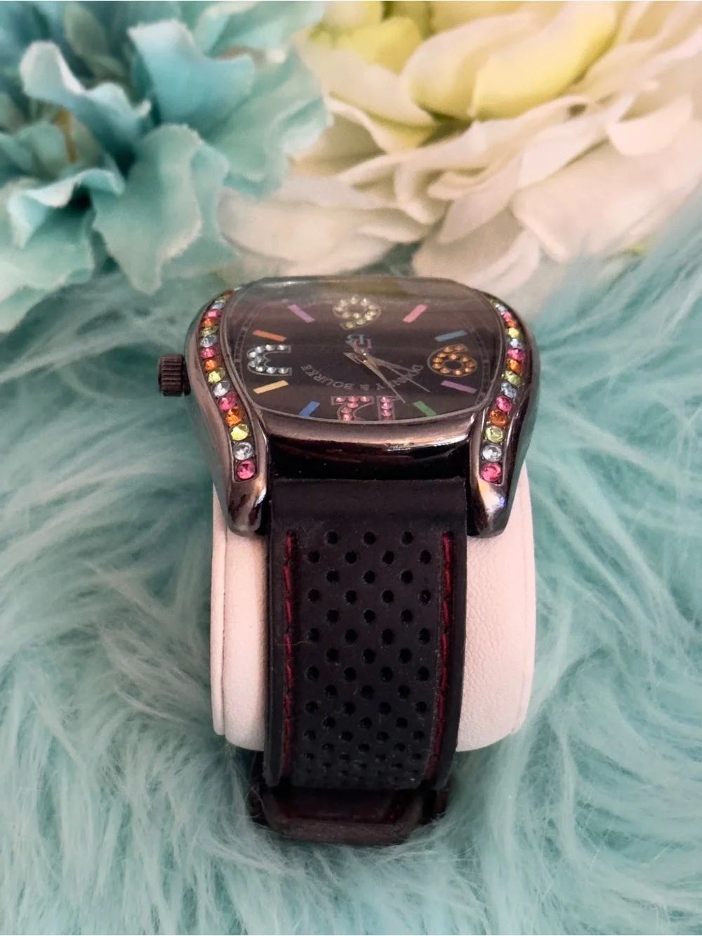 Dooney & Bourke Black Strap Watch with Multicolor Crystal Accents